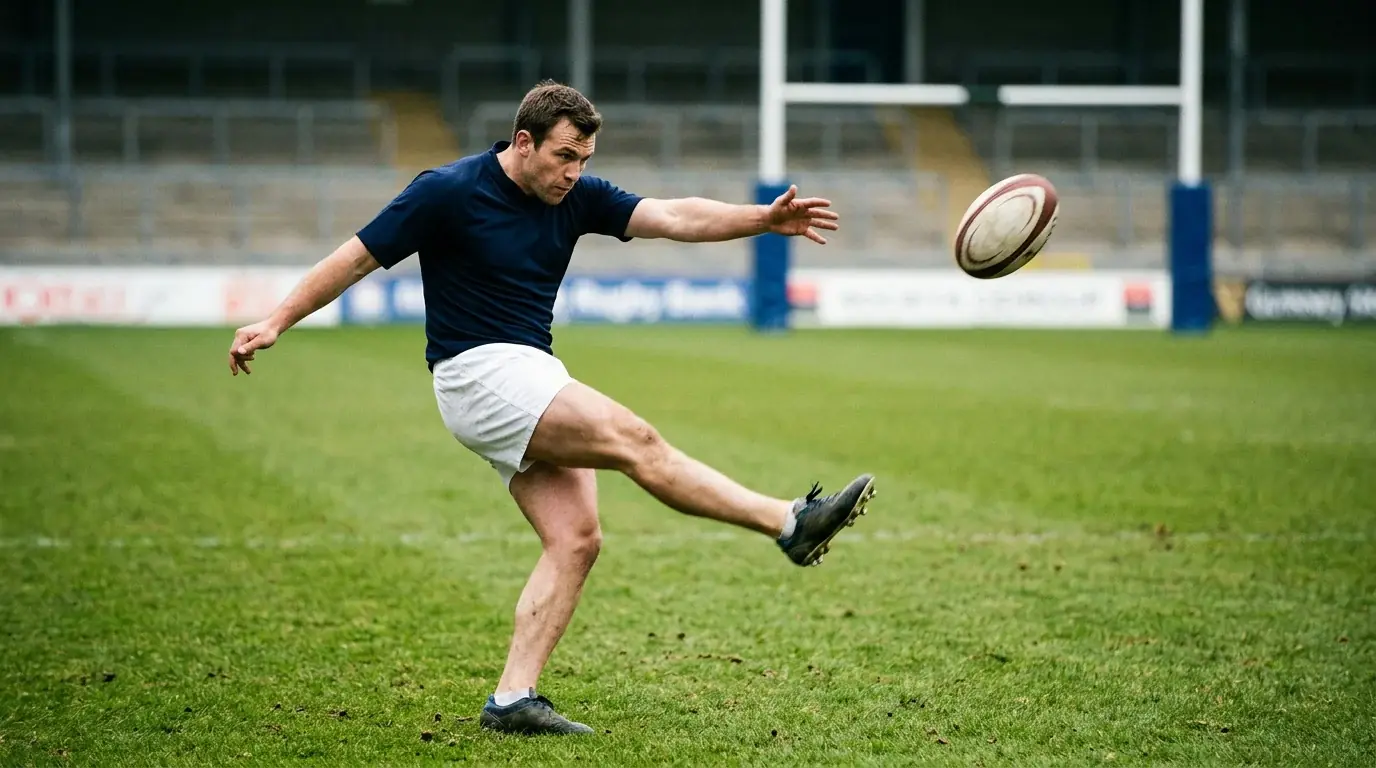 Rugbyball im Moment eines Drop Goals zwischen den Stangen