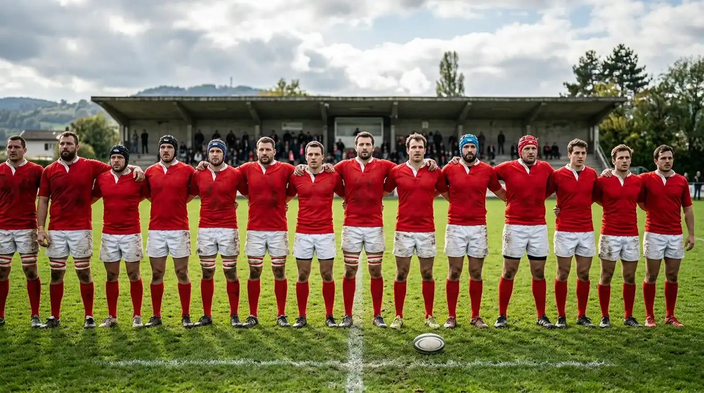 Schweizer Rugby-Nationalmannschaft Edelweiss XV im roten Trikot beim Aufstellen vor dem Anpfiff