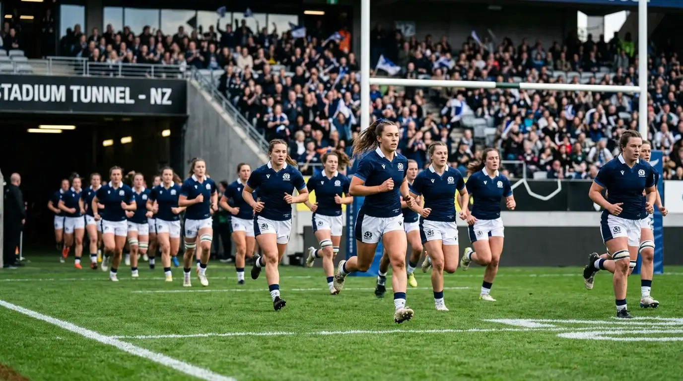 Frauen-Rugby-Nationalmannschaft beim Auflauf zum Spiel im vollen Stadion