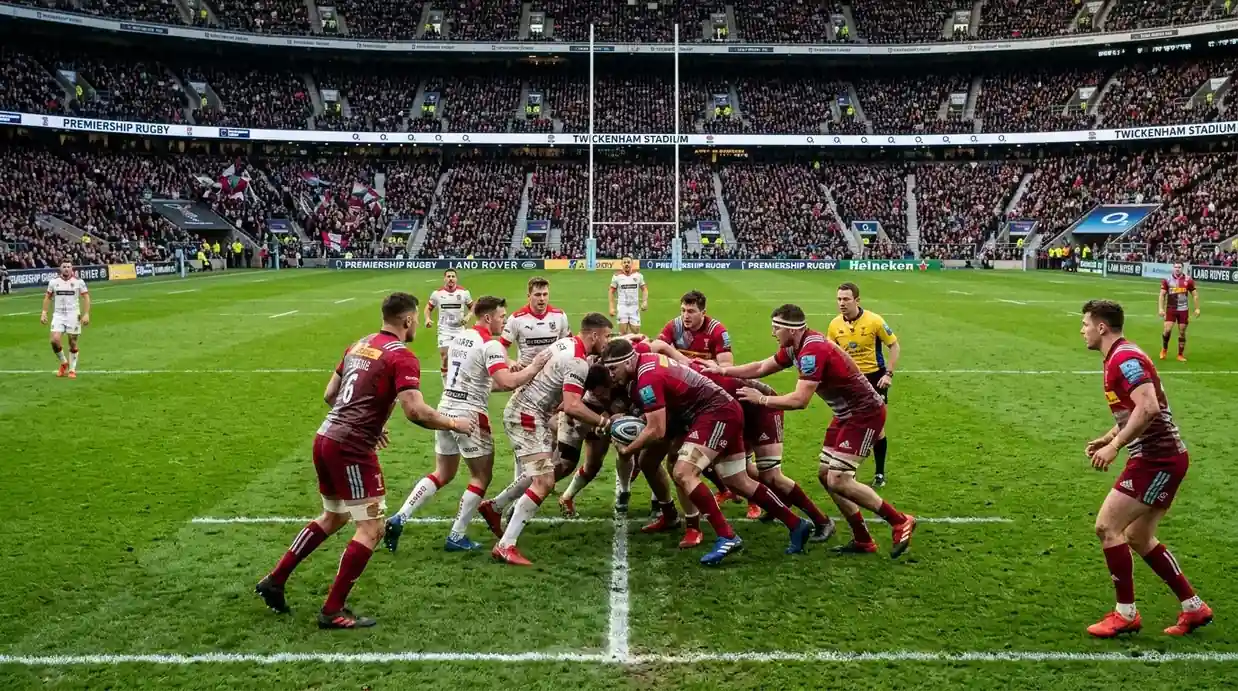 Englisches Premiership Rugby-Spiel im vollen Stadion mit Spielern in Klubtrikots
