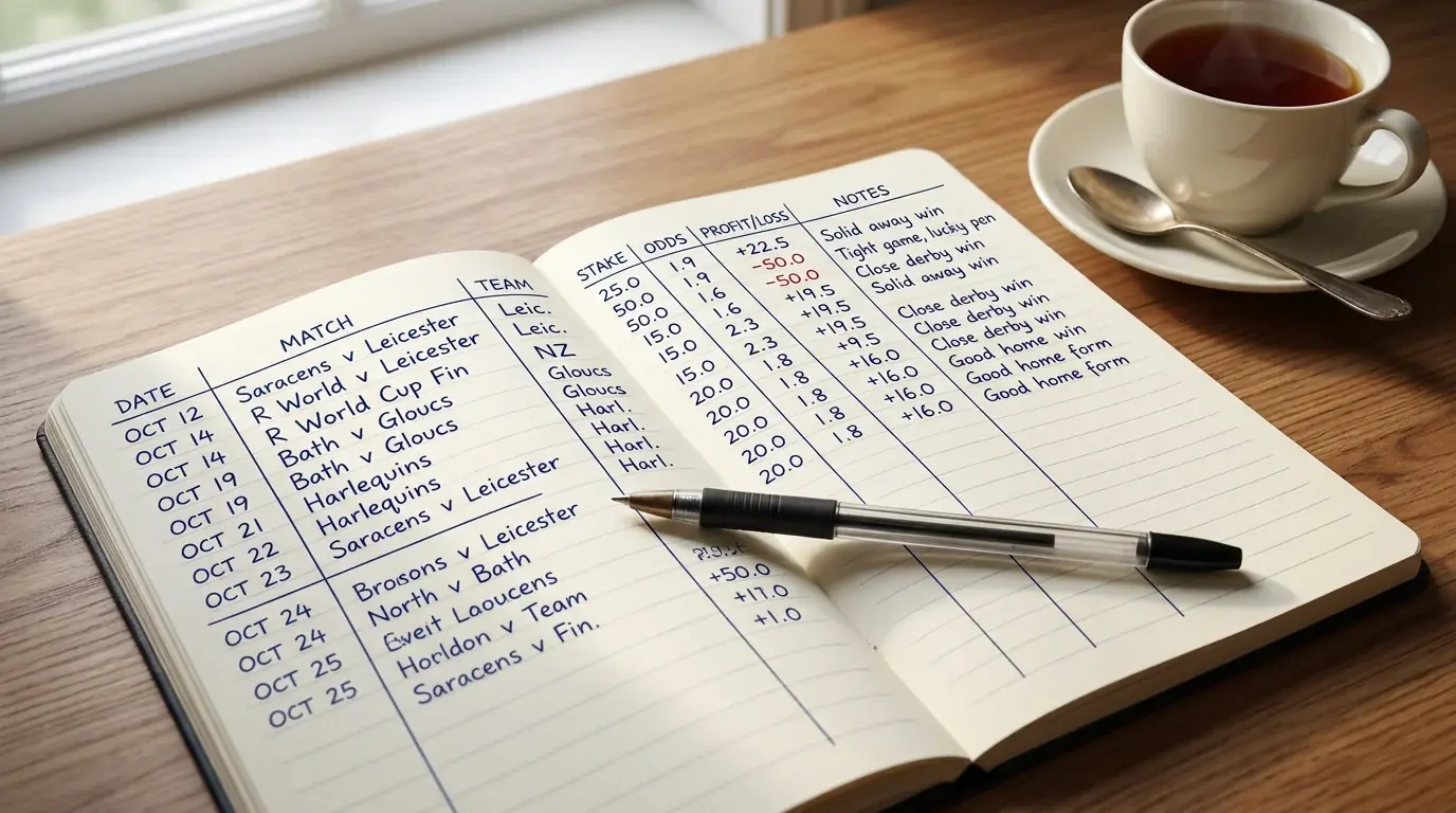 Aufgeschlagenes Notizbuch mit handschriftlichen Wett-Eintragungen und Stift neben einer Tasse Tee