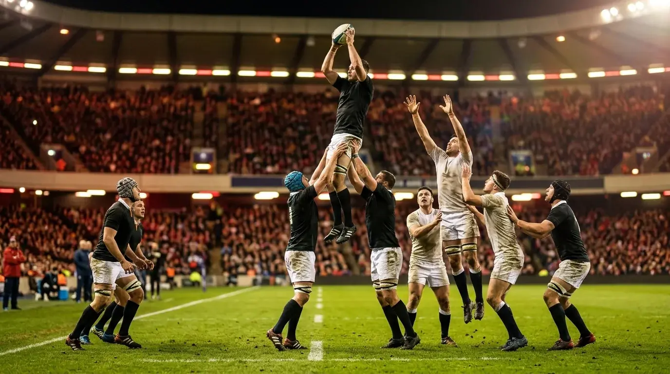 Rugby-Union-Spieler im Lineout während eines Six-Nations-Spiels in einem vollen Stadion