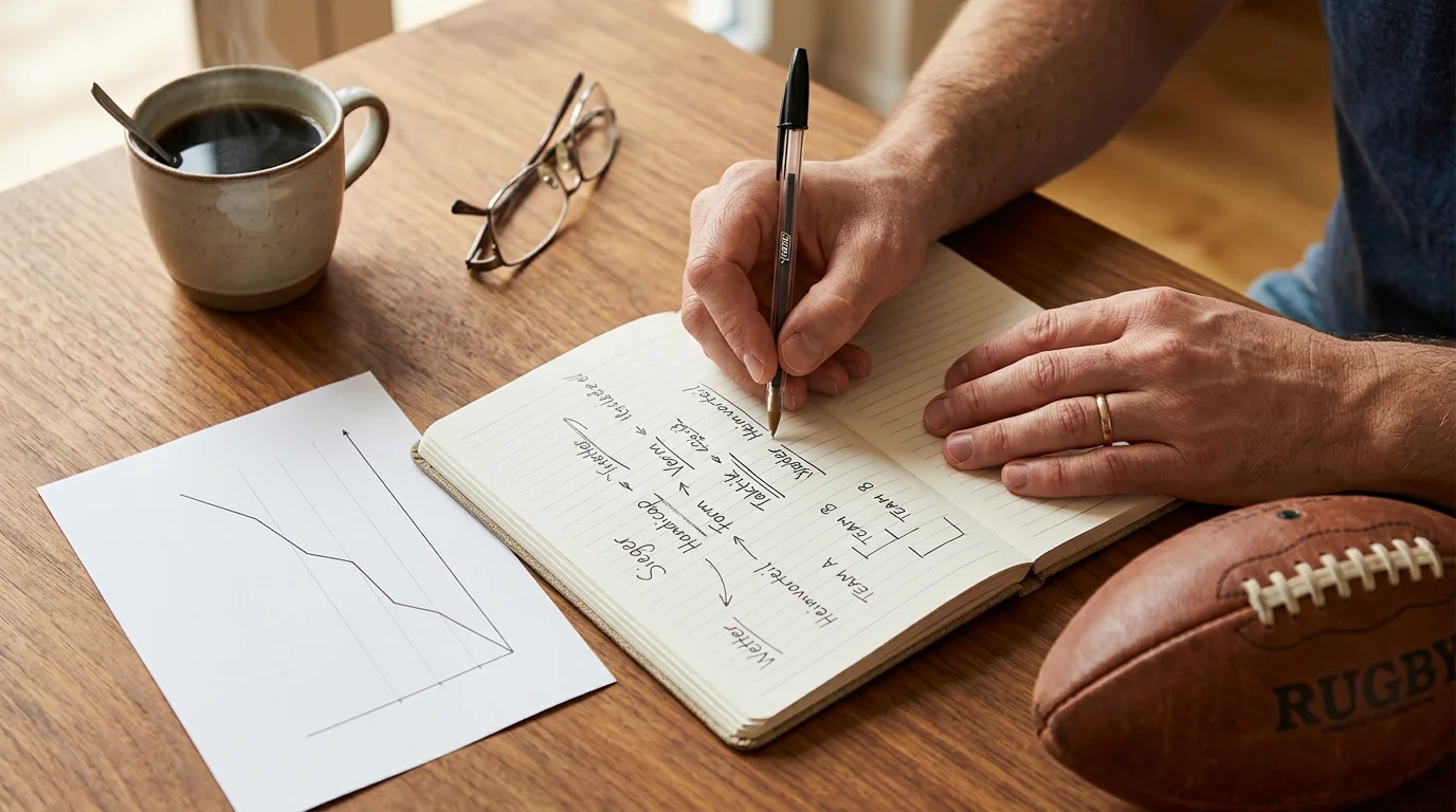 Person mit Notizbuch und Stift analysiert Rugby-Spielstatistiken an einem Holztisch