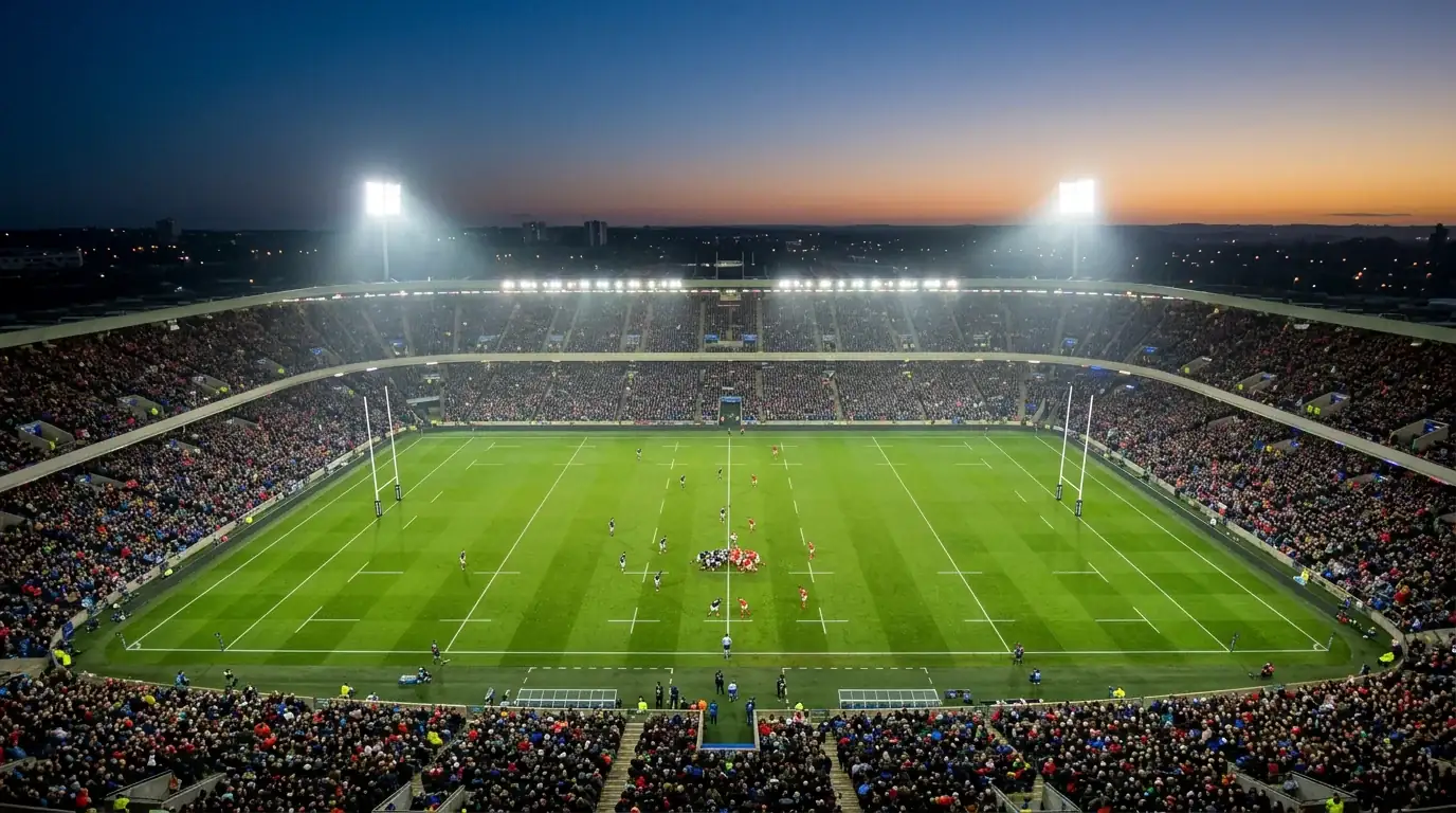 Volles Rugby-Stadion bei einem Six-Nations-Spiel mit weiss-grünem Rasen und Flutlicht